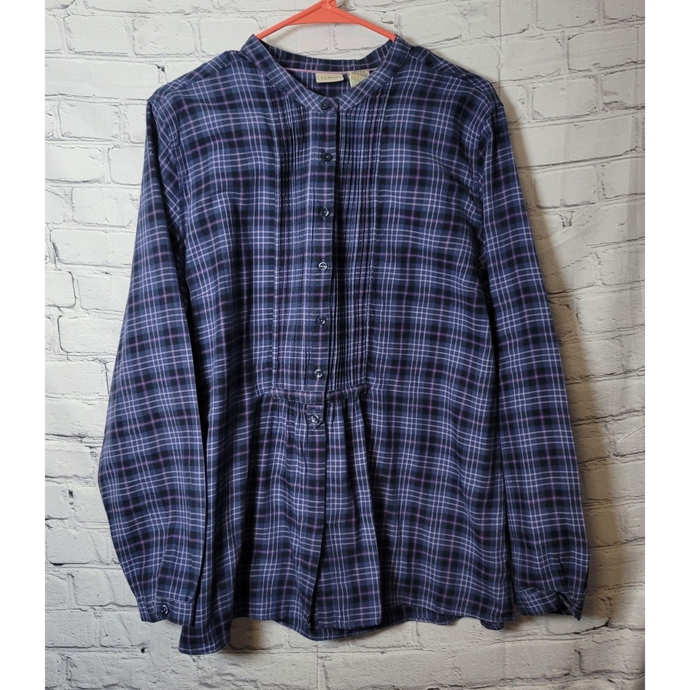 LL Bean Tunic Womens Medium Blue Plaid Flannel Henley Long Sleeve‎ Top Modest